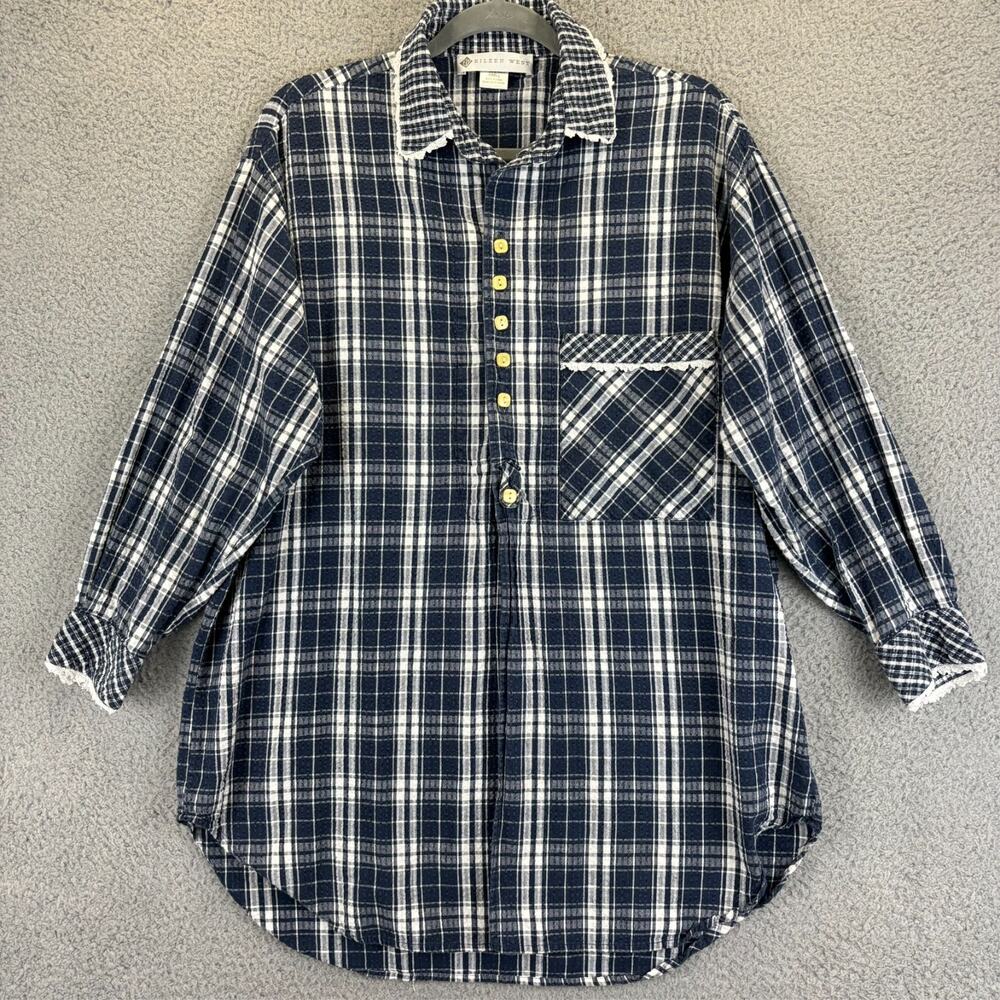 Eileen West Gown Small Blue Plaid Prairie Grandmacore Cozy Boxy Nightshirt Lace
